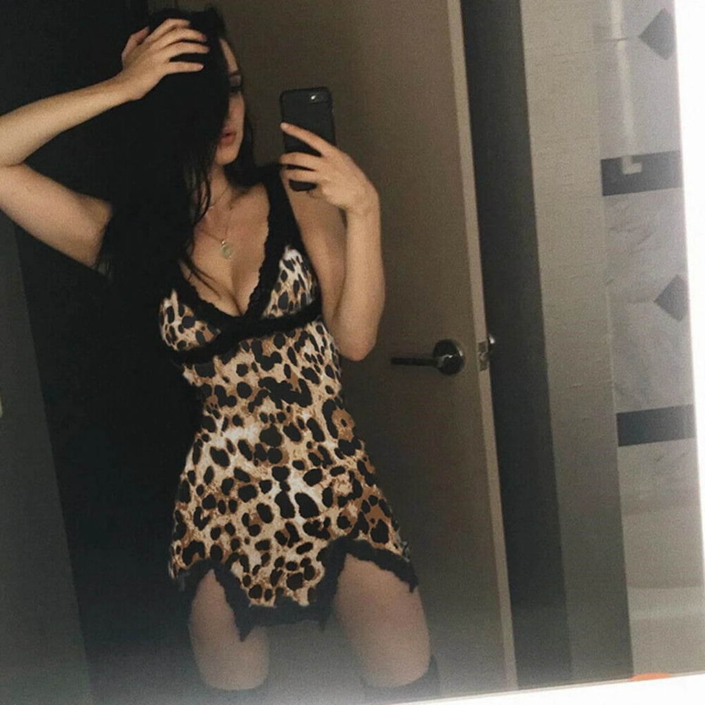 Leopard Print Lace Night Dress — V-Neck Spaghetti Strap Nightgown