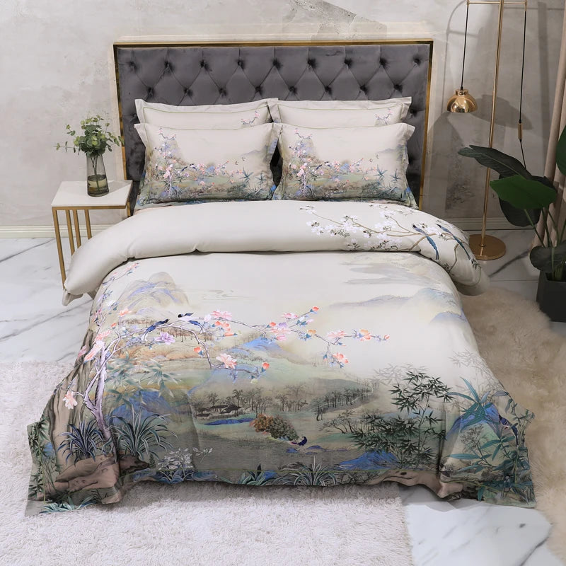 600TC Egyptian Cotton Bedding Set – Birds & Flowers Leaf Print, 16 Colors, Queen to US King