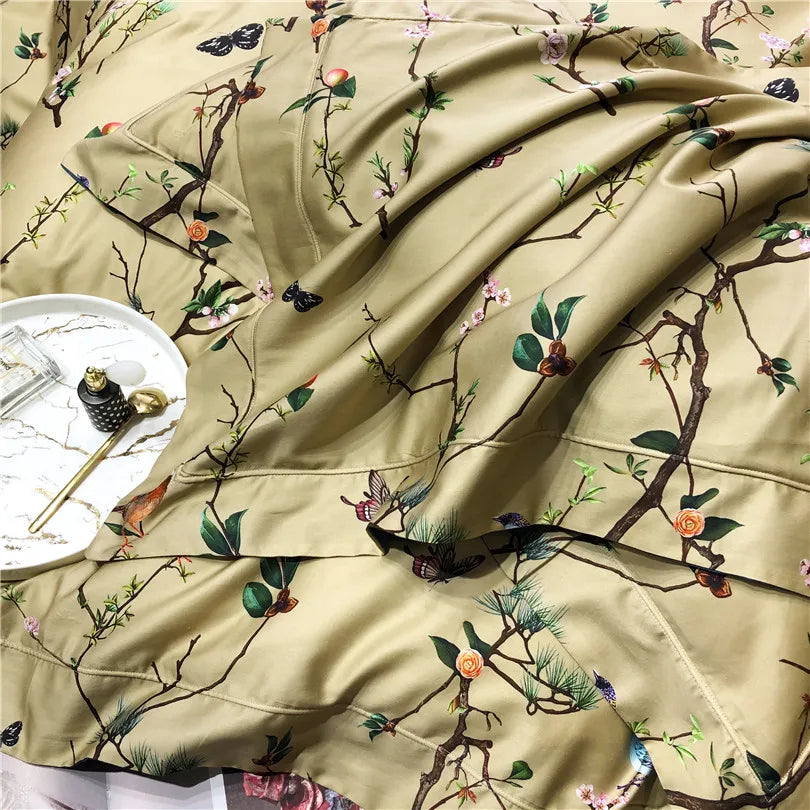 600TC Egyptian Cotton Bedding Set – Birds & Flowers Leaf Print, 16 Colors, Queen to US King