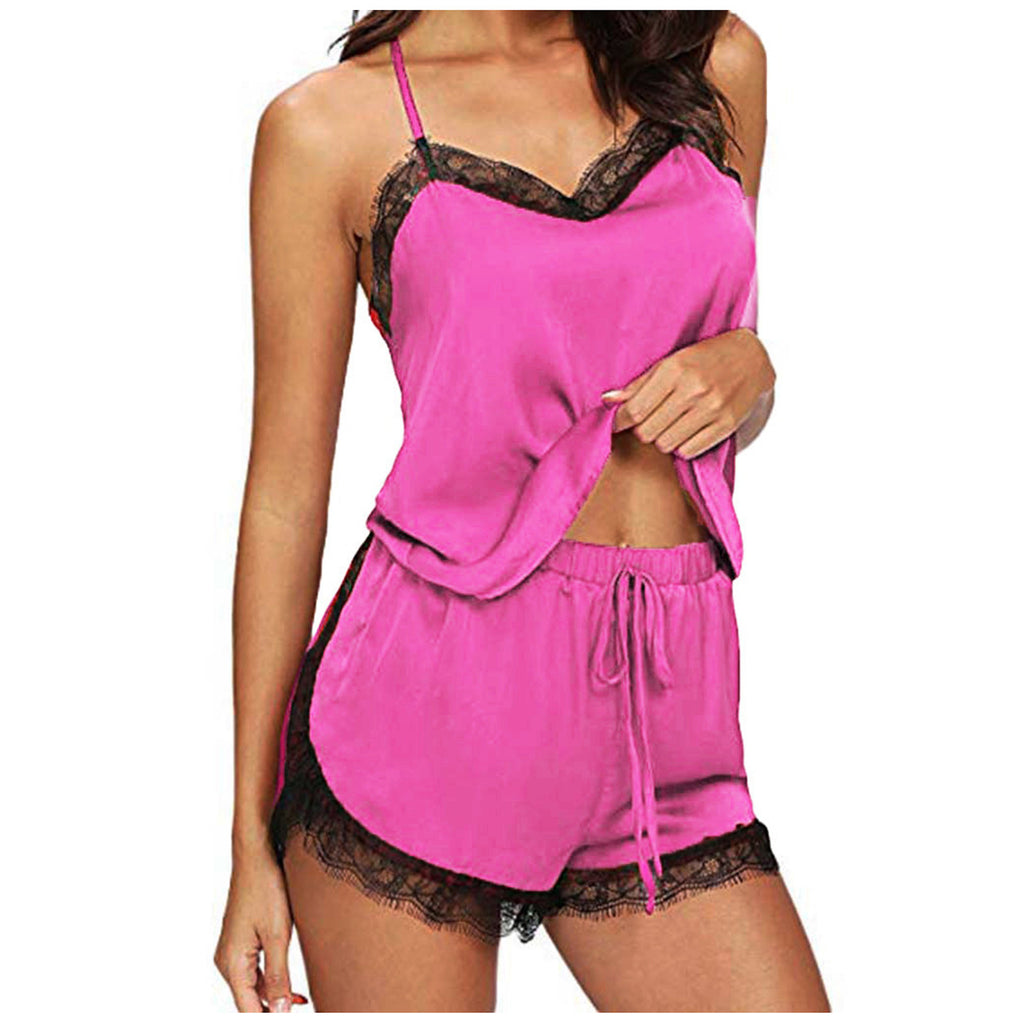 Lace V-Neck Satin Pajama Set — 2-Piece Sexy Sleepwear