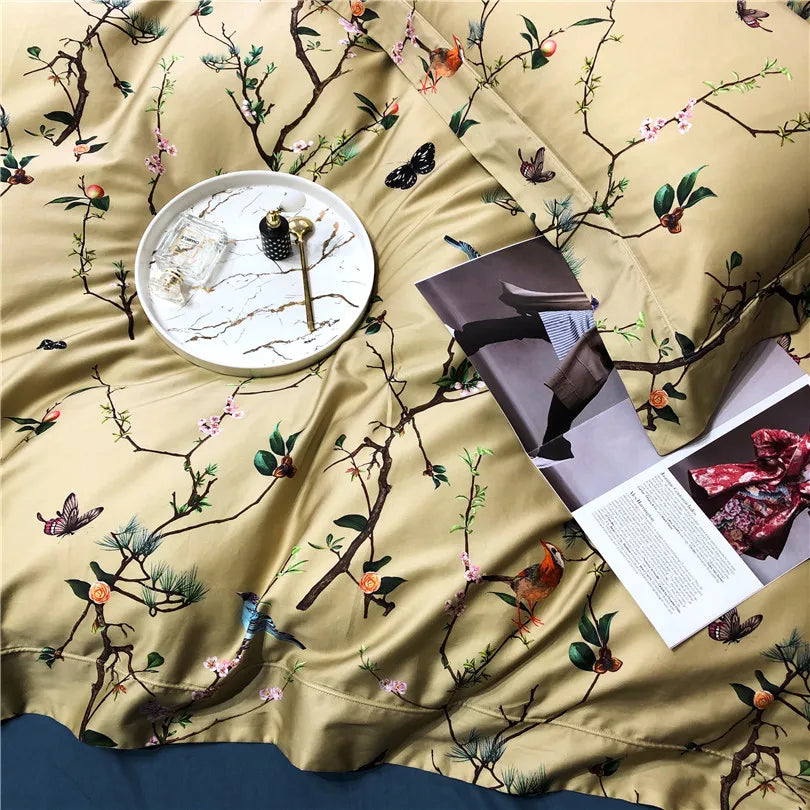 600TC Egyptian Cotton Bedding Set – Birds & Flowers Leaf Print, 16 Colors, Queen to US King