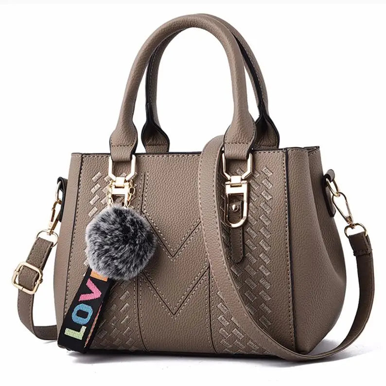 Embroidery Leather Messenger Bag – Women's Handbag with Hair Ball Charm in 12 Colors