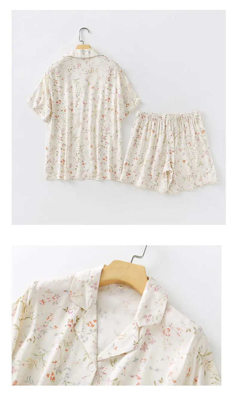 Women's Satin Willow Print Pajama Set | Short Sleeve Shorts Summer Nightwear Loungewear