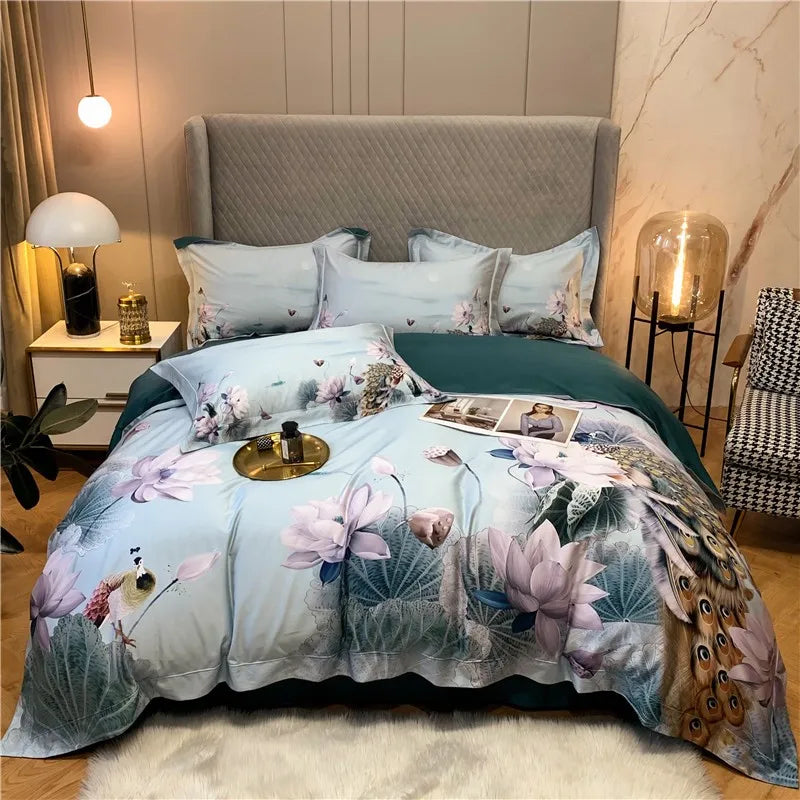 600TC Egyptian Cotton Bedding Set – Birds & Flowers Leaf Print, 16 Colors, Queen to US King
