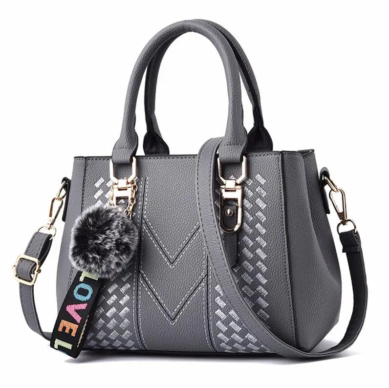 Embroidery Leather Messenger Bag – Women's Handbag with Hair Ball Charm in 12 Colors