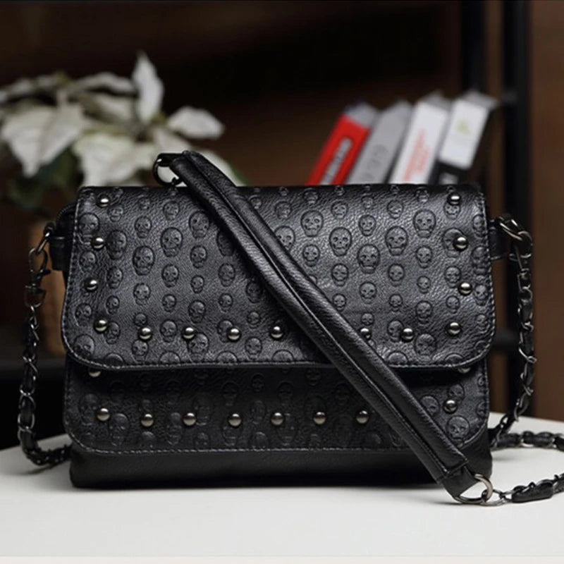JIEROTYX England Style Skull Print PU Leather Crossbody Bag – Rivet Chain Shoulder Clutch for Women