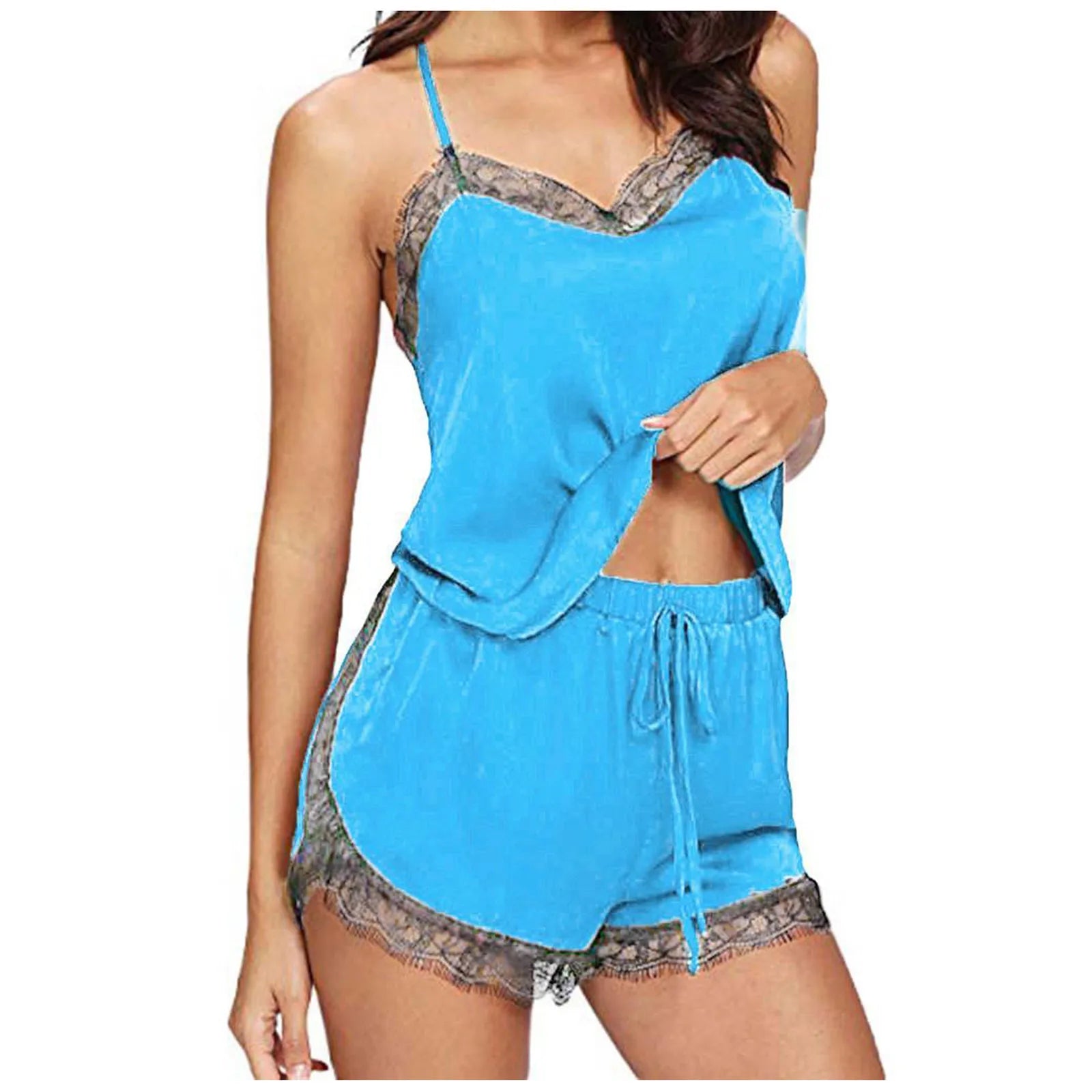 Lace V-Neck Satin Pajama Set — 2-Piece Sexy Sleepwear