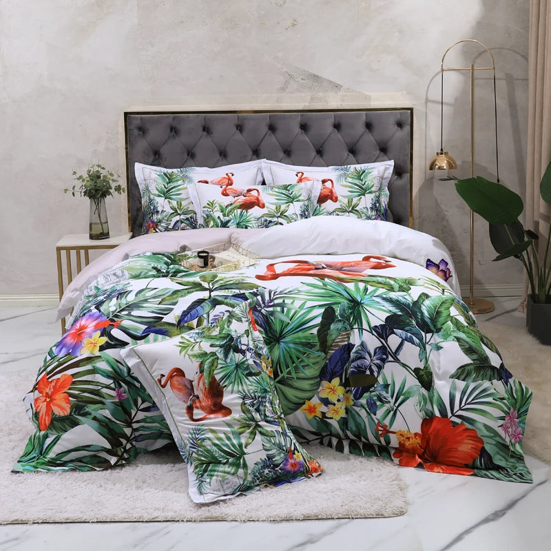 600TC Egyptian Cotton Bedding Set – Birds & Flowers Leaf Print, 16 Colors, Queen to US King