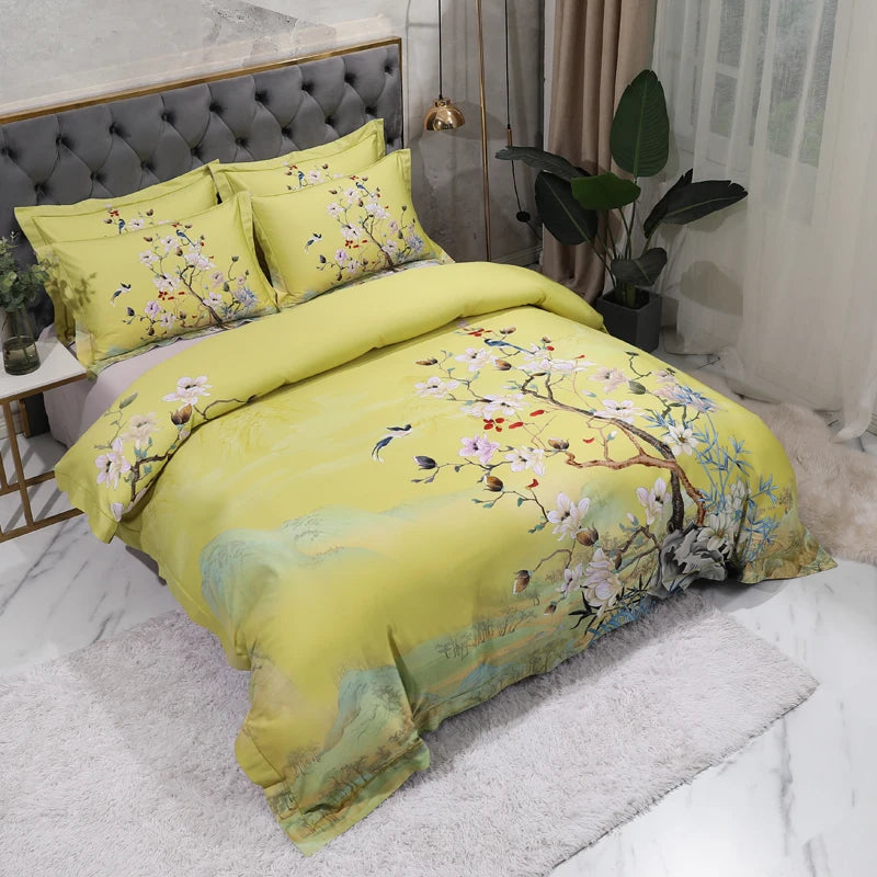 600TC Egyptian Cotton Bedding Set – Birds & Flowers Leaf Print, 16 Colors, Queen to US King