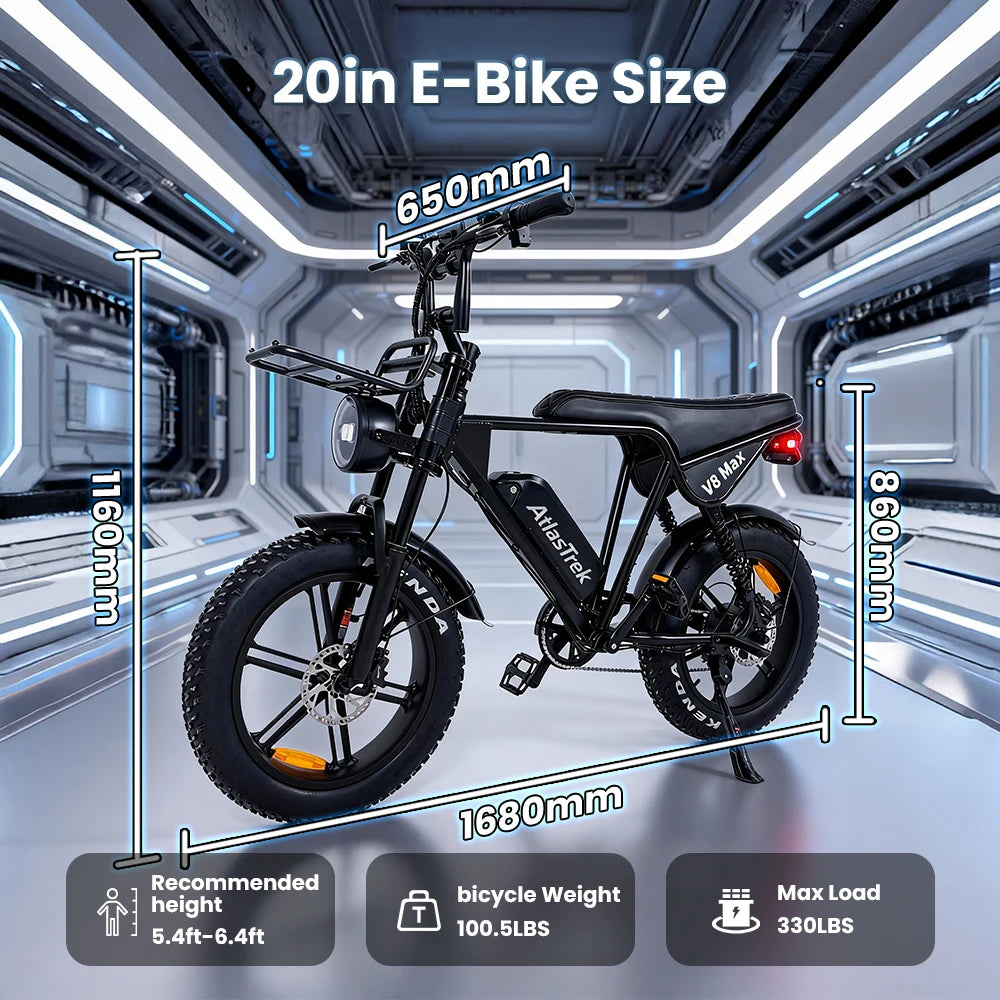 AtlasTrek V8Max 250W All-Terrain Adult Electric Mountain Bike — 48V 15Ah 20" Fat Tire Full Suspension