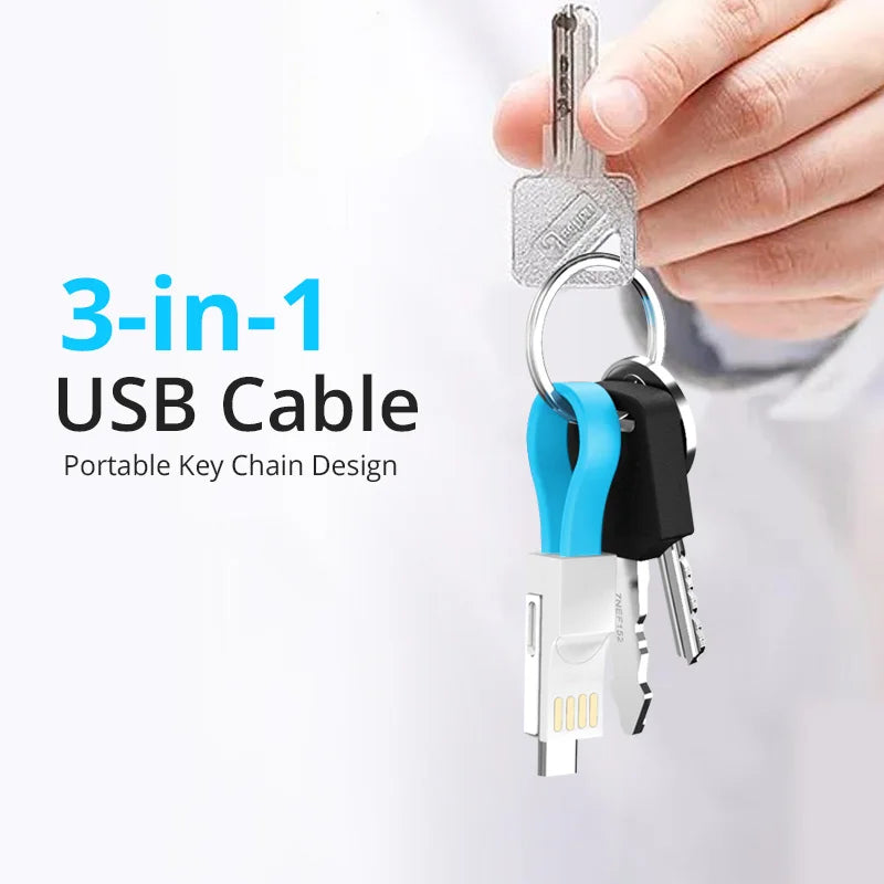 3-in-1 Magnetic Keychain USB Cable – Micro USB, USB-C & Lightning for iPhone & Android