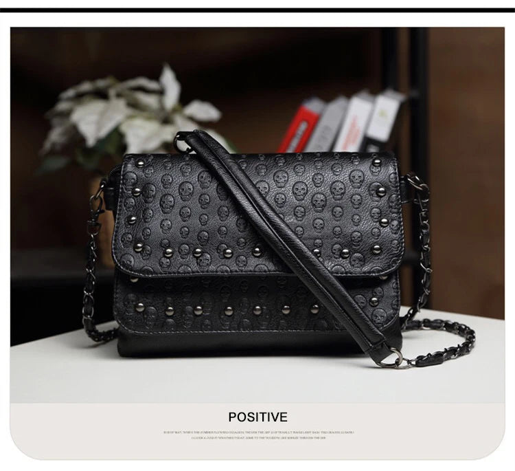JIEROTYX England Style Skull Print PU Leather Crossbody Bag – Rivet Chain Shoulder Clutch for Women