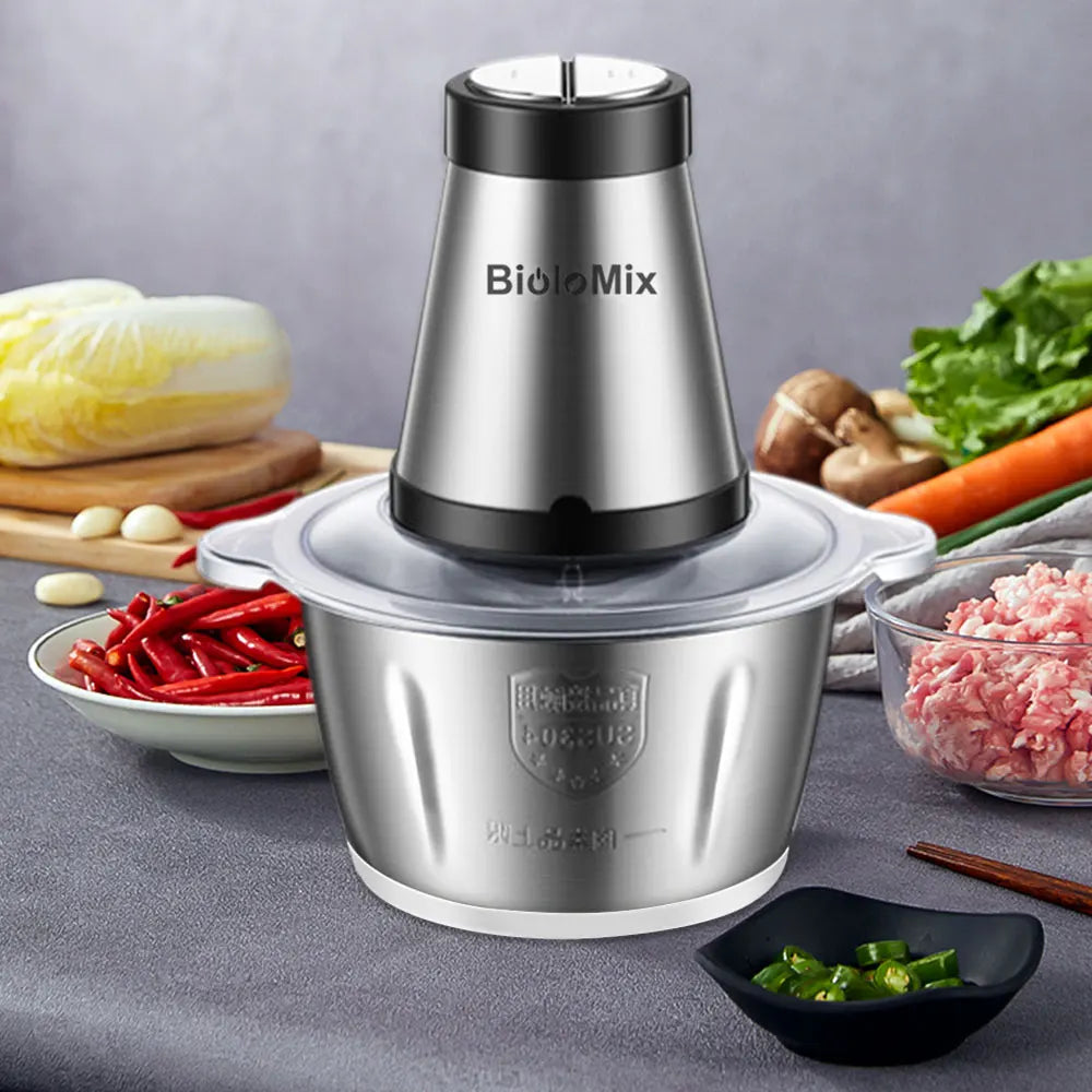BioloMix 500W Electric Meat Grinder & Food Processor – 2L Stainless Steel, 2-Speed Chopper, Mincer & Slicer