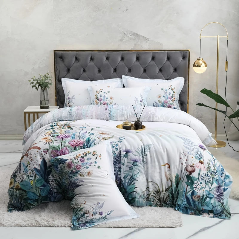 600TC Egyptian Cotton Bedding Set – Birds & Flowers Leaf Print, 16 Colors, Queen to US King
