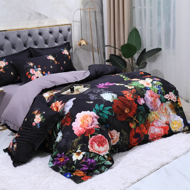 600TC Egyptian Cotton Bedding Set – Birds & Flowers Leaf Print, 16 Colors, Queen to US King