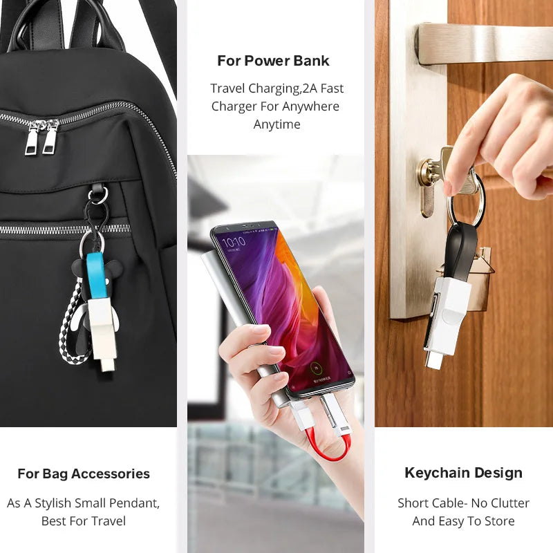 3-in-1 Magnetic Keychain USB Cable – Micro USB, USB-C & Lightning for iPhone & Android