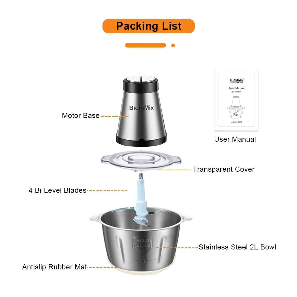 BioloMix 500W Electric Meat Grinder & Food Processor – 2L Stainless Steel, 2-Speed Chopper, Mincer & Slicer