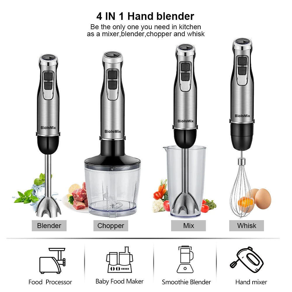 4-in-1 1200W Immersion Hand Blender — Chopper, Smoothie Cup & Stainless Steel Ice Blades