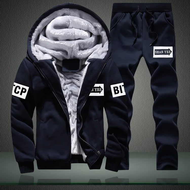 Men's Fleece Lined Thick Hooded Tracksuit – Winter Sweatshirt & Pants Sportswear Set