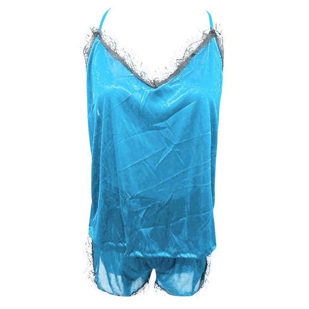 Lace V-Neck Satin Pajama Set — 2-Piece Sexy Sleepwear