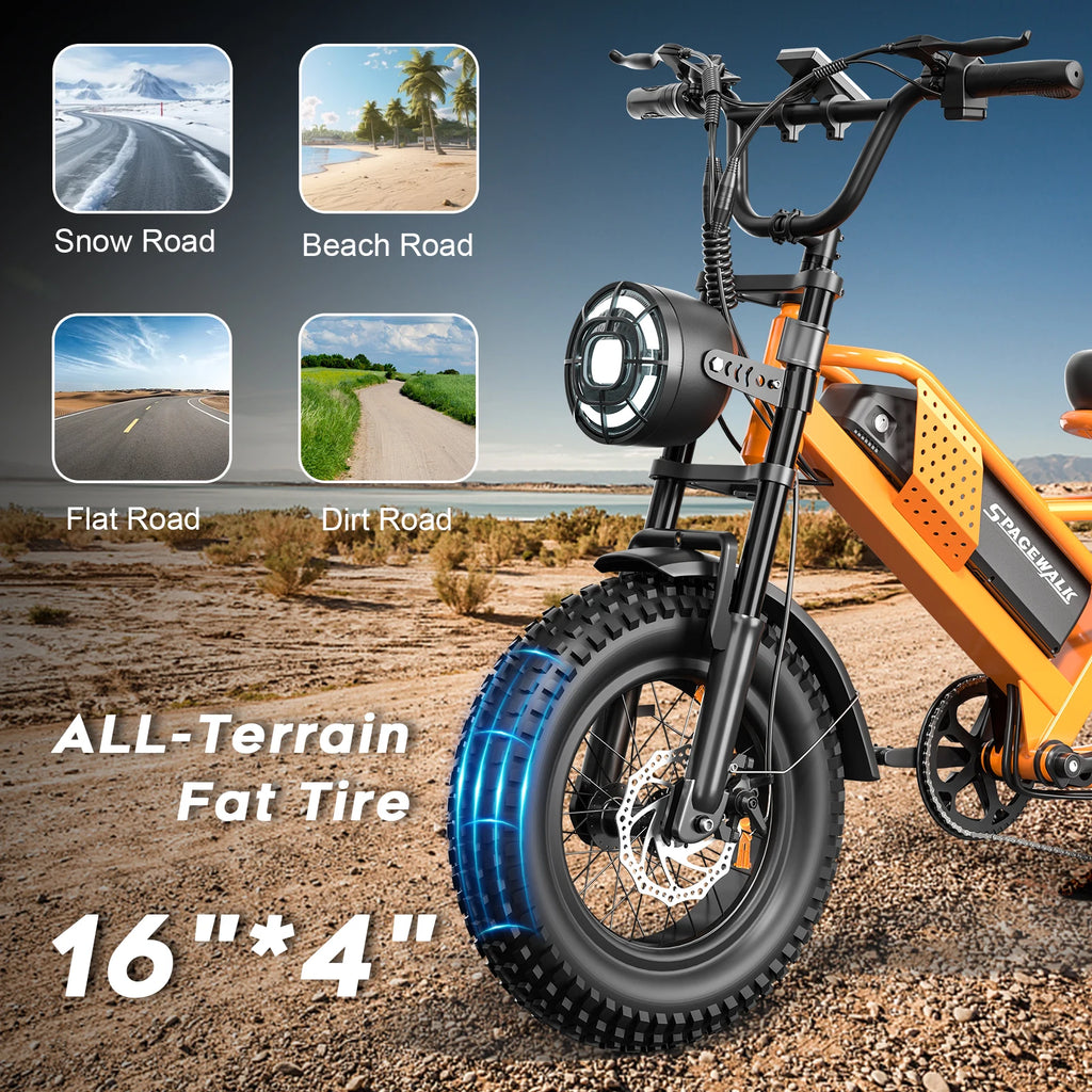 750W 16" Full Suspension Fat Tire Electric Mountain Bike — 48V Class 2 E-Bike (US Stock)