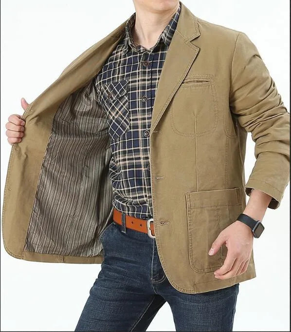 Men's Single Breasted Blazer — Washable Loose Fit Military Style Jacket