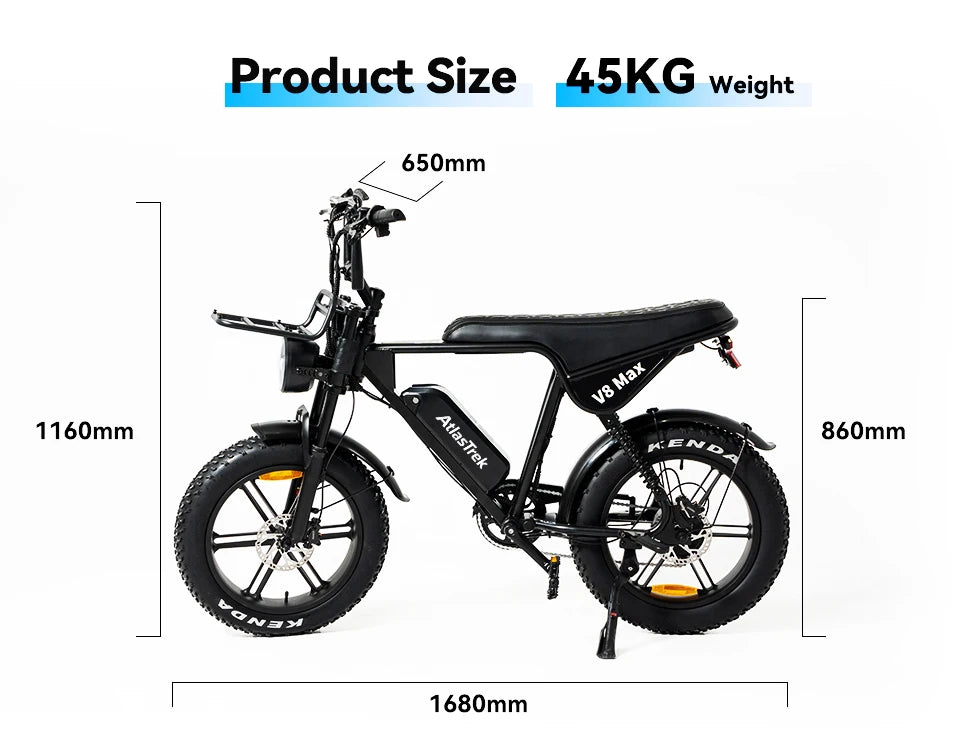 EU Warehouse AtlasTrek V8 Max Electric Fat Bike Lithium Hydraulic Disc Brake Mountain Bike Brushless Rear Hub Motor 250W 20"
