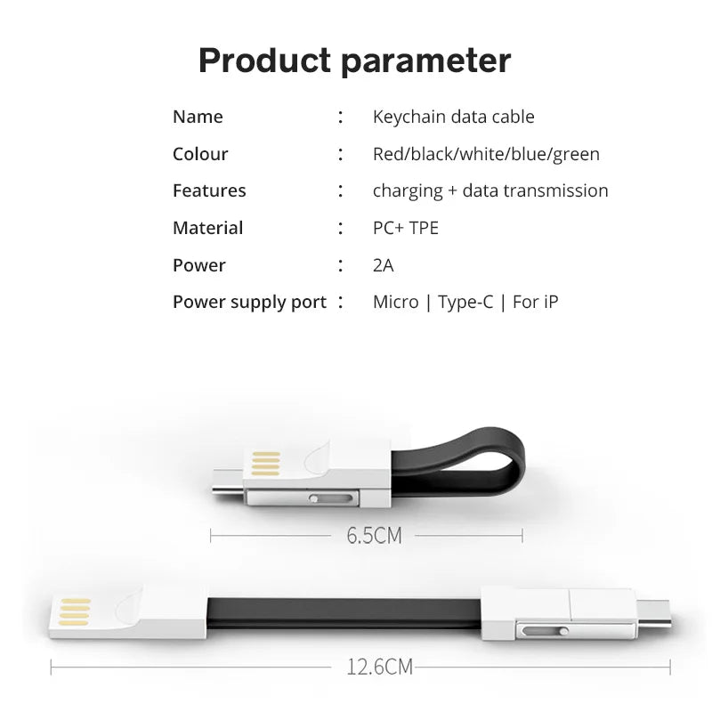 3-in-1 Magnetic Keychain USB Cable – Micro USB, USB-C & Lightning for iPhone & Android