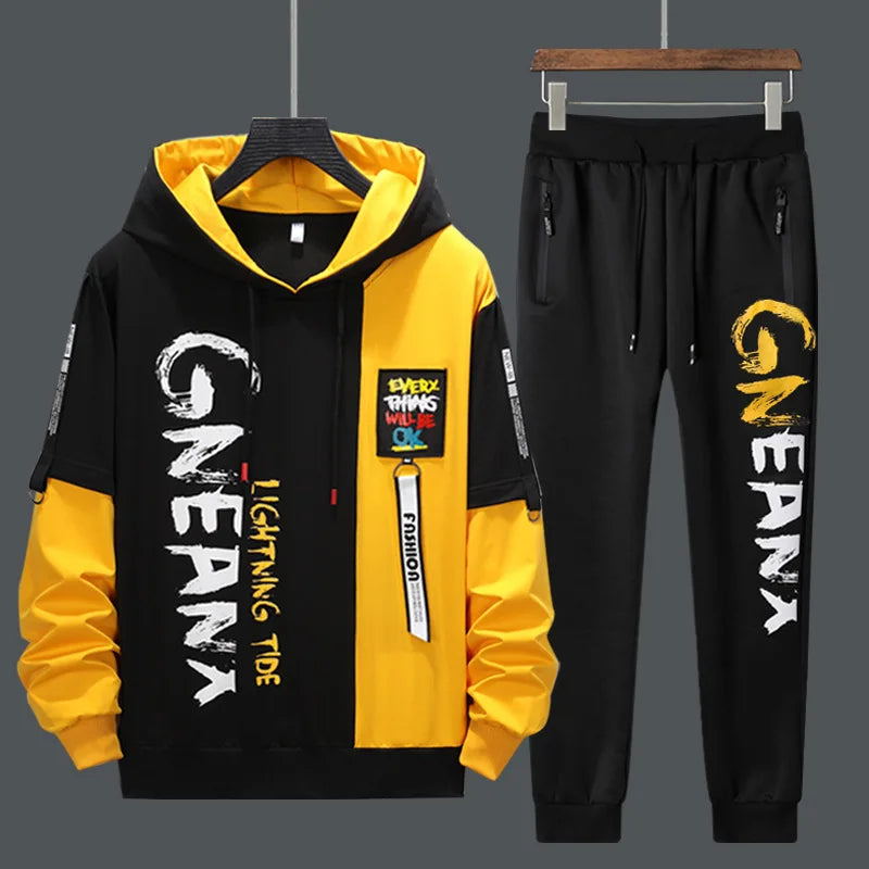 Men's Patchwork Hoodie & Sweatpants 2-Piece Tracksuit – Hip Hop Streetwear Set