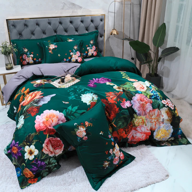 600TC Egyptian Cotton Bedding Set – Birds & Flowers Leaf Print, 16 Colors, Queen to US King