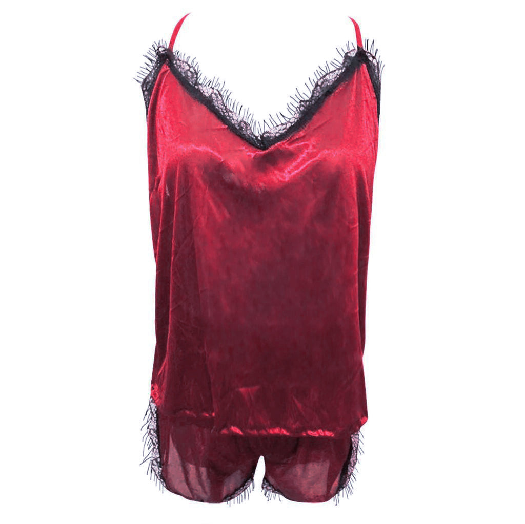 Lace V-Neck Satin Pajama Set — 2-Piece Sexy Sleepwear