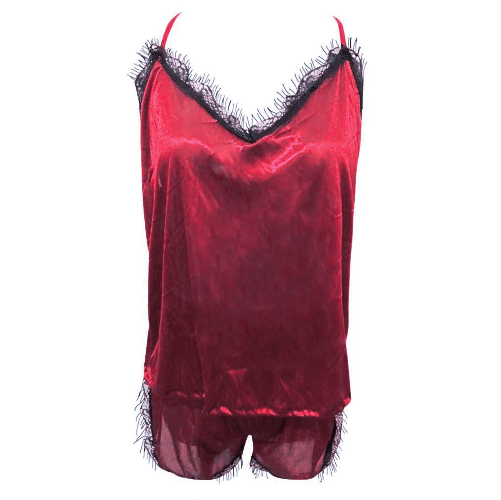 Lace V-Neck Satin Pajama Set — 2-Piece Sexy Sleepwear