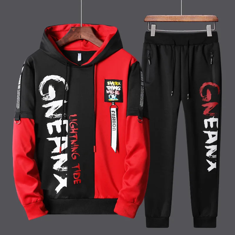 Men's Patchwork Hoodie & Sweatpants 2-Piece Tracksuit – Hip Hop Streetwear Set
