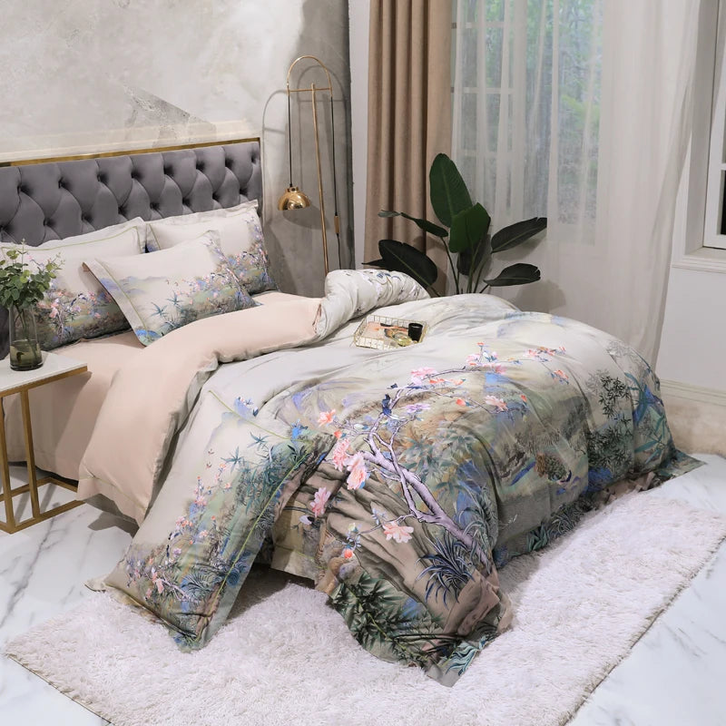 600TC Egyptian Cotton Bedding Set – Birds & Flowers Leaf Print, 16 Colors, Queen to US King