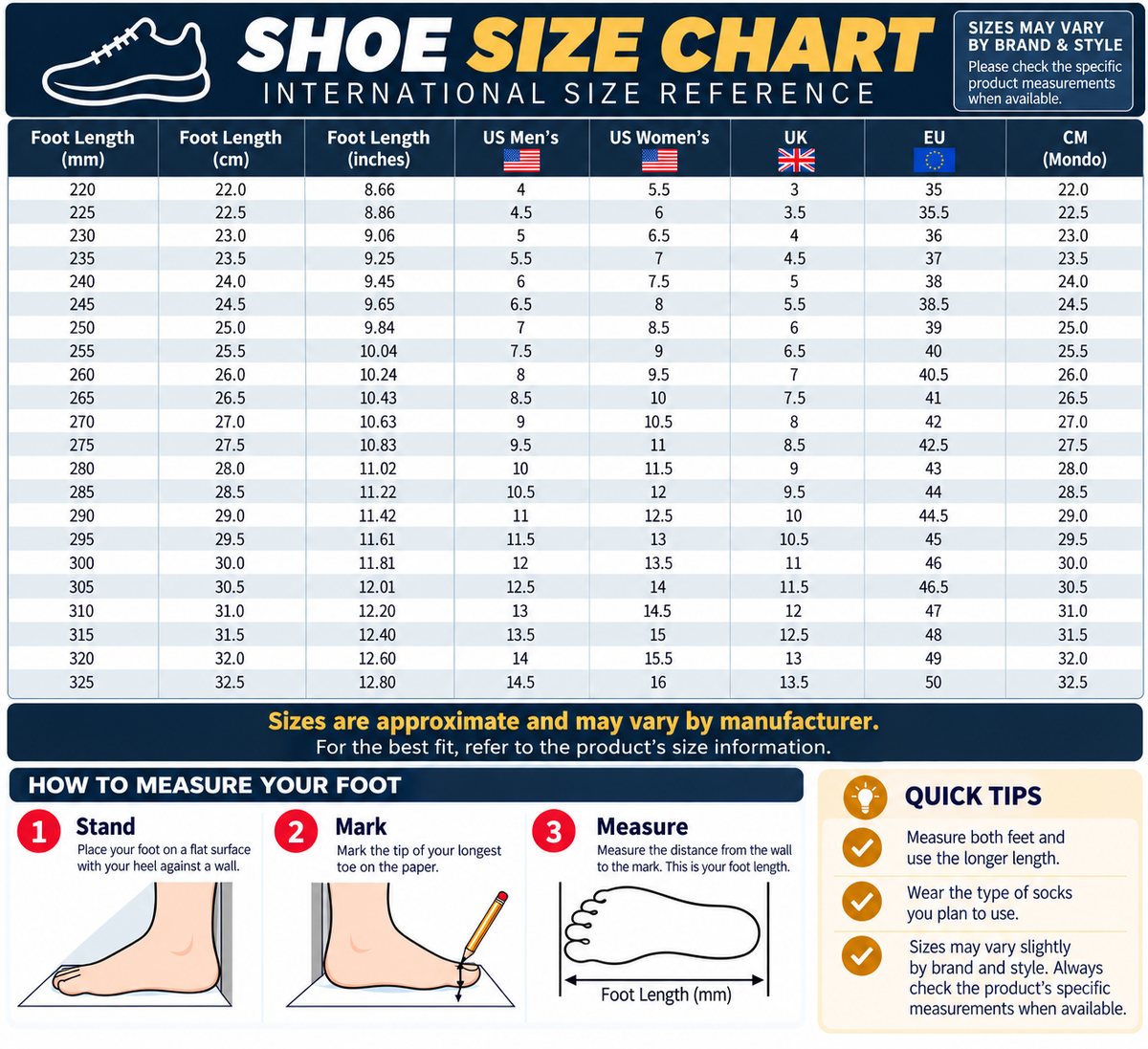 General international shoe size reference for men's and women's shoes, with foot measurements and measuring instructions; product-specific sizing takes priority