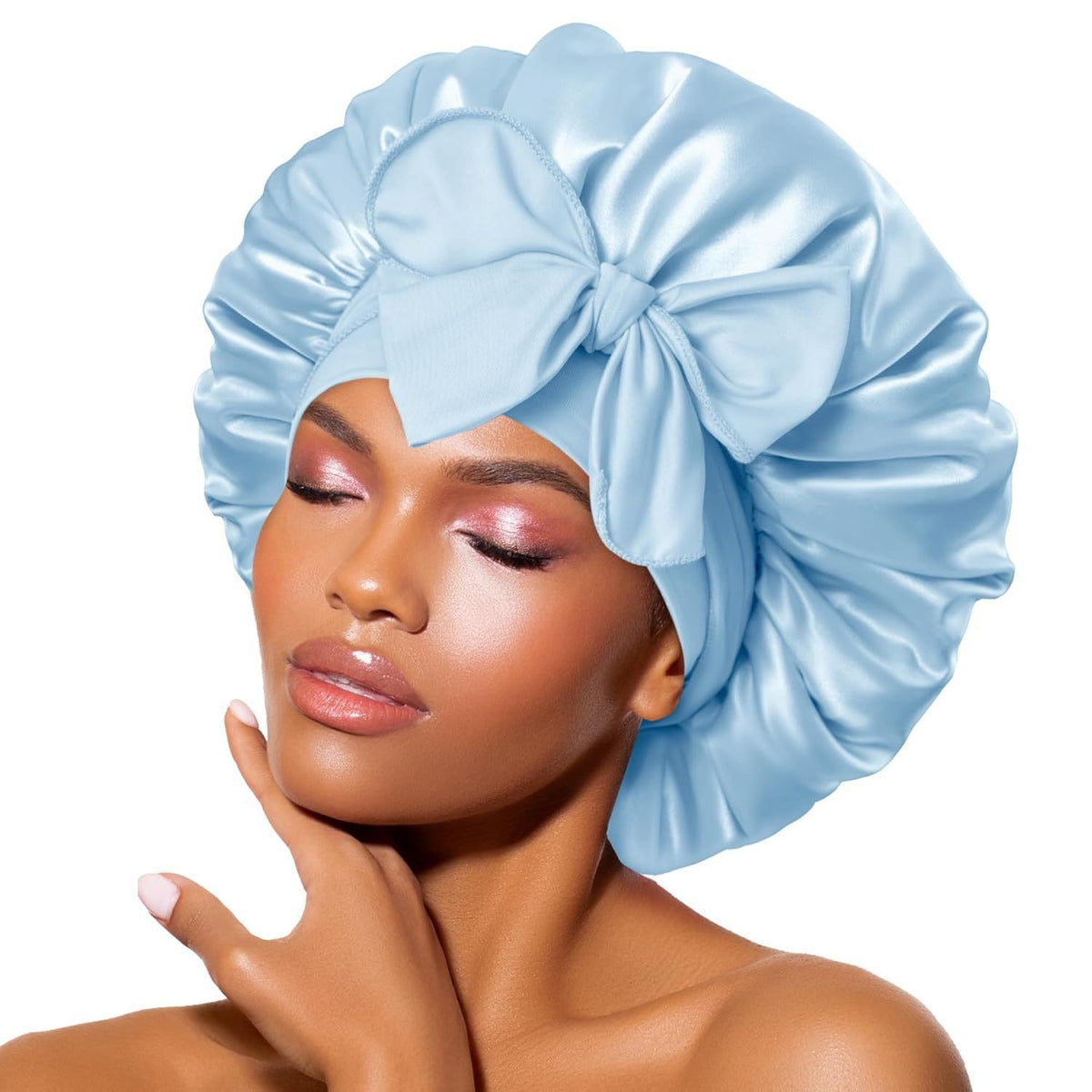 Satin Ribbon Round Sleep Cap with Bow — Imitation Silk Wide-Brimmed Hair Care Hat