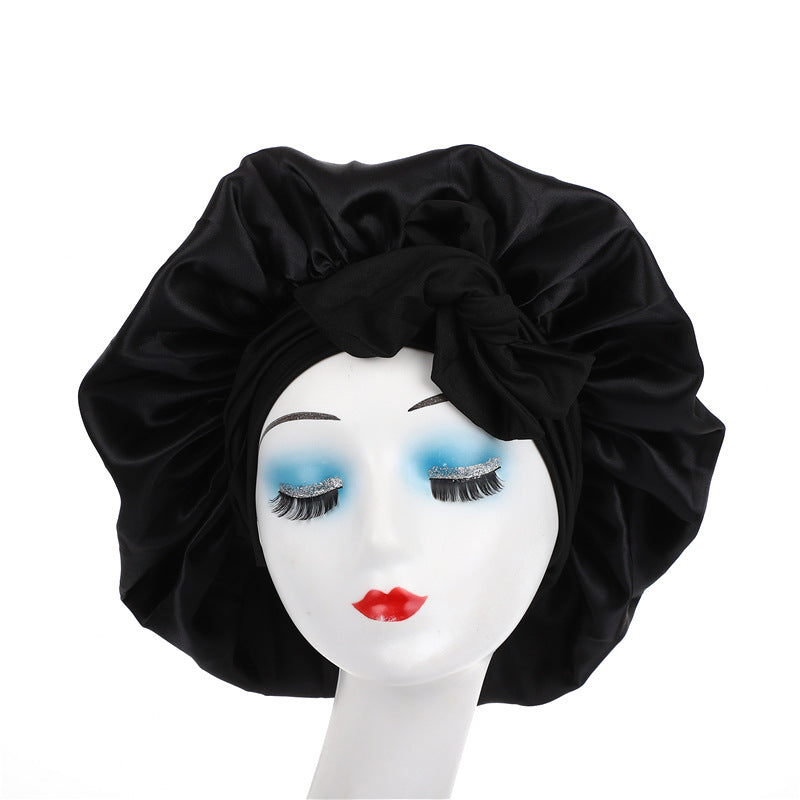 Cross-Border Popular Satin Ribbon Round Hat with Bow, Imitation Silk Beauty and Hair Care Wide-Brimmed Hat, Single-Layer Satin Sleep Cap