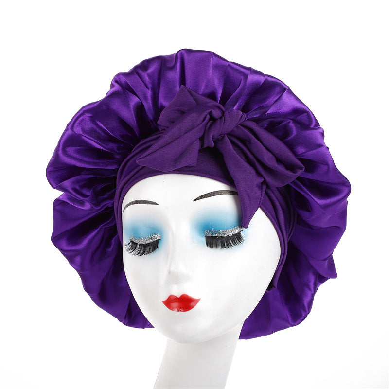 Satin Ribbon Round Sleep Cap with Bow — Imitation Silk Wide-Brimmed Hair Care Hat