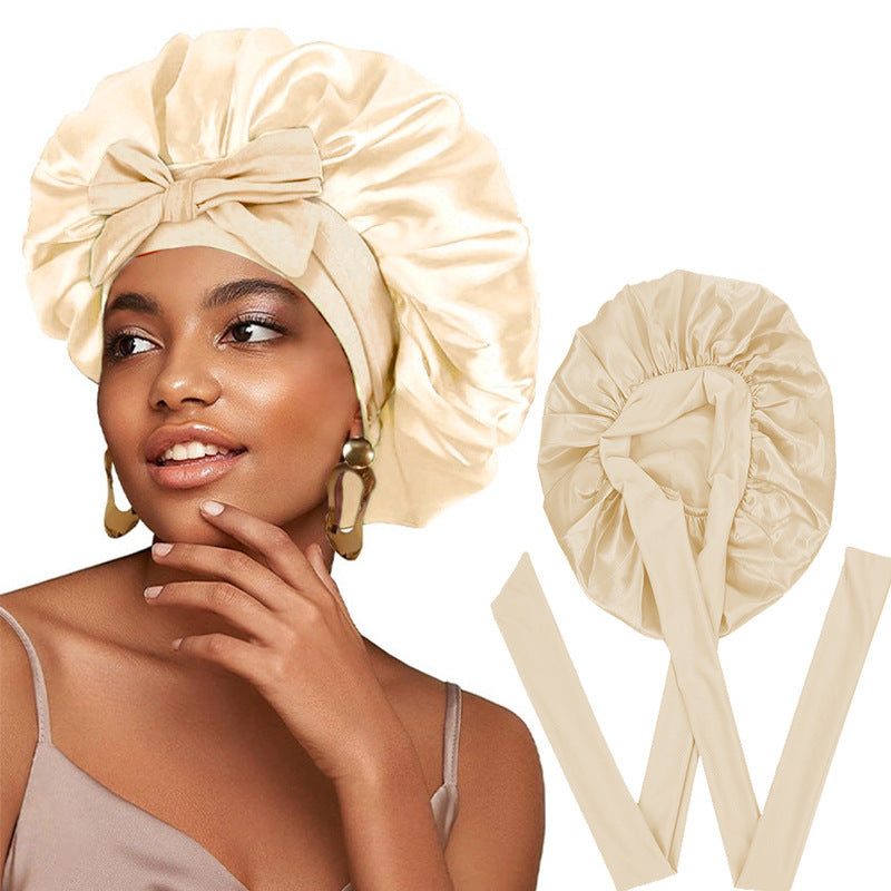 Satin Ribbon Round Sleep Cap with Bow — Imitation Silk Wide-Brimmed Hair Care Hat
