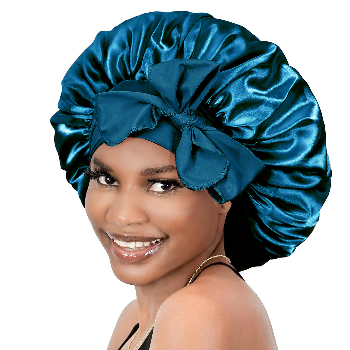 Satin Ribbon Round Sleep Cap with Bow — Imitation Silk Wide-Brimmed Hair Care Hat