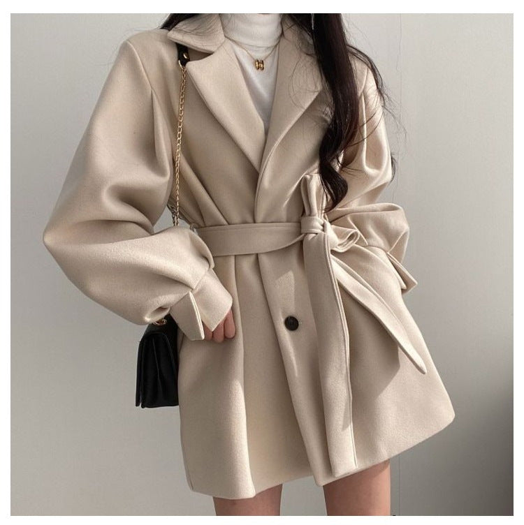 Women's Mid-Length Woolen Coat — Korean Hepburn Style with Strap Detail