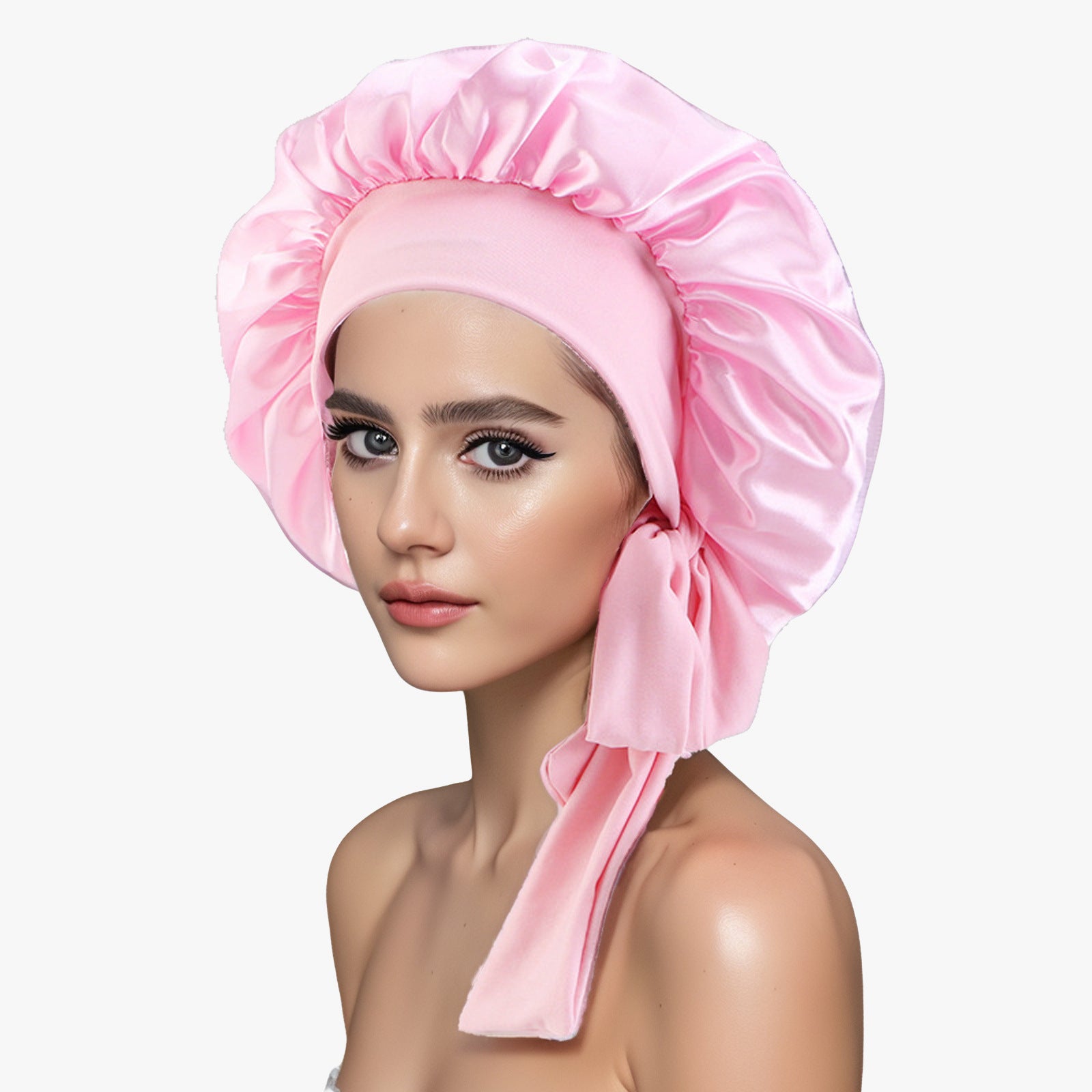 Cross-Border Popular Satin Ribbon Round Hat with Bow, Imitation Silk Beauty and Hair Care Wide-Brimmed Hat, Single-Layer Satin Sleep Cap