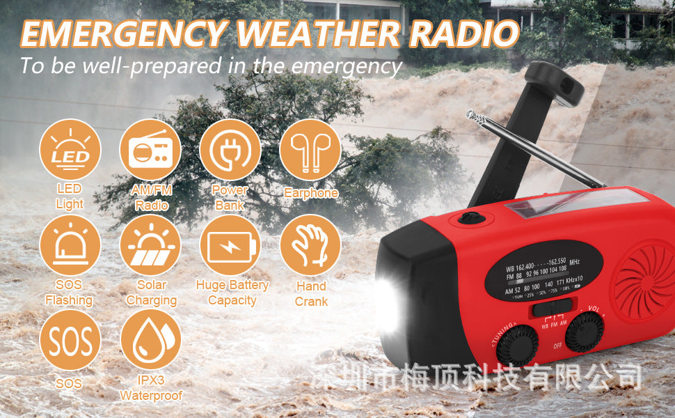 Portable Emergency Solar Hand-Crank Radio — FM/AM/WB, 2000–10000mAh Power Bank, 5 Colors