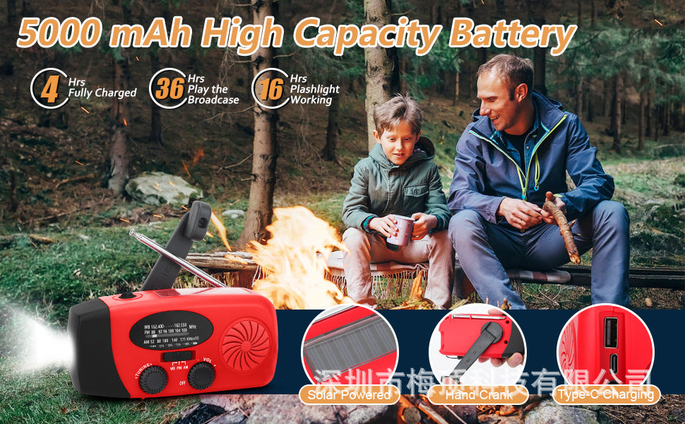 Portable Emergency Solar Hand-Crank Radio — FM/AM/WB, 2000–10000mAh Power Bank, 5 Colors