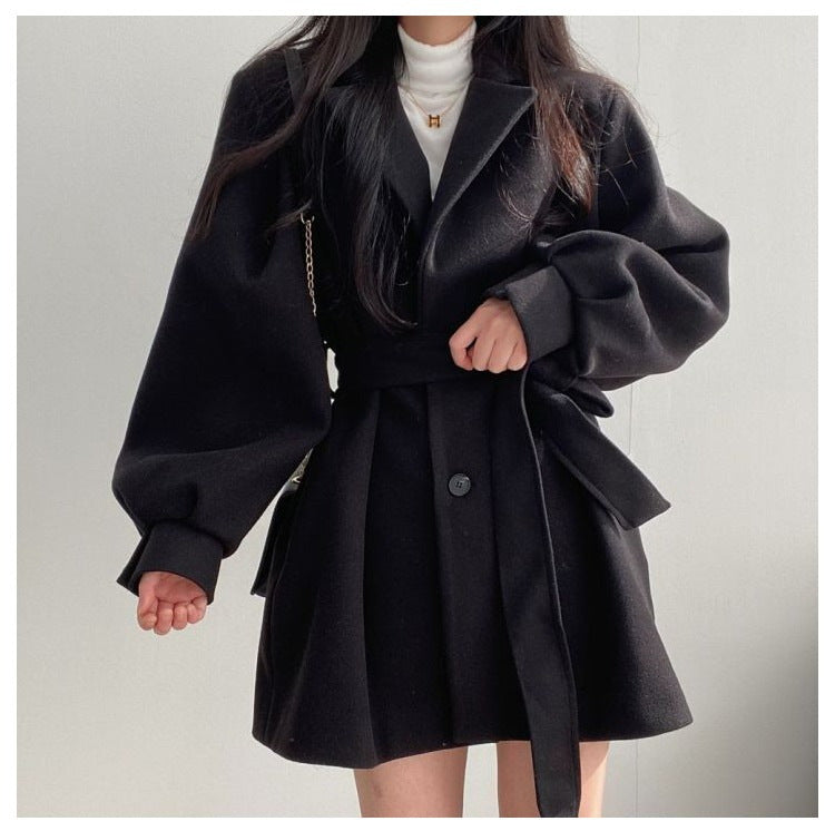 Women's Mid-Length Woolen Coat — Korean Hepburn Style with Strap Detail