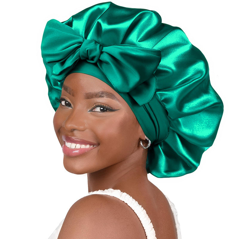 Satin Ribbon Round Sleep Cap with Bow — Imitation Silk Wide-Brimmed Hair Care Hat