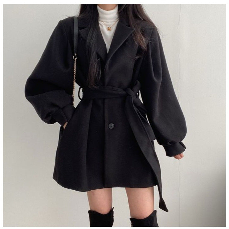 Women's Mid-Length Woolen Coat — Korean Hepburn Style with Strap Detail