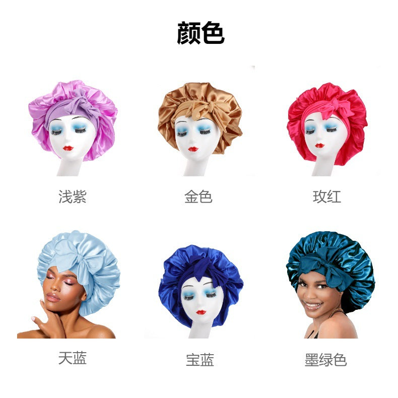 Cross-Border Popular Satin Ribbon Round Hat with Bow, Imitation Silk Beauty and Hair Care Wide-Brimmed Hat, Single-Layer Satin Sleep Cap
