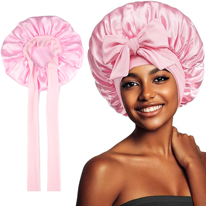 Cross-Border Popular Satin Ribbon Round Hat with Bow, Imitation Silk Beauty and Hair Care Wide-Brimmed Hat, Single-Layer Satin Sleep Cap