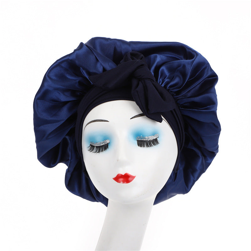 Satin Ribbon Round Sleep Cap with Bow — Imitation Silk Wide-Brimmed Hair Care Hat